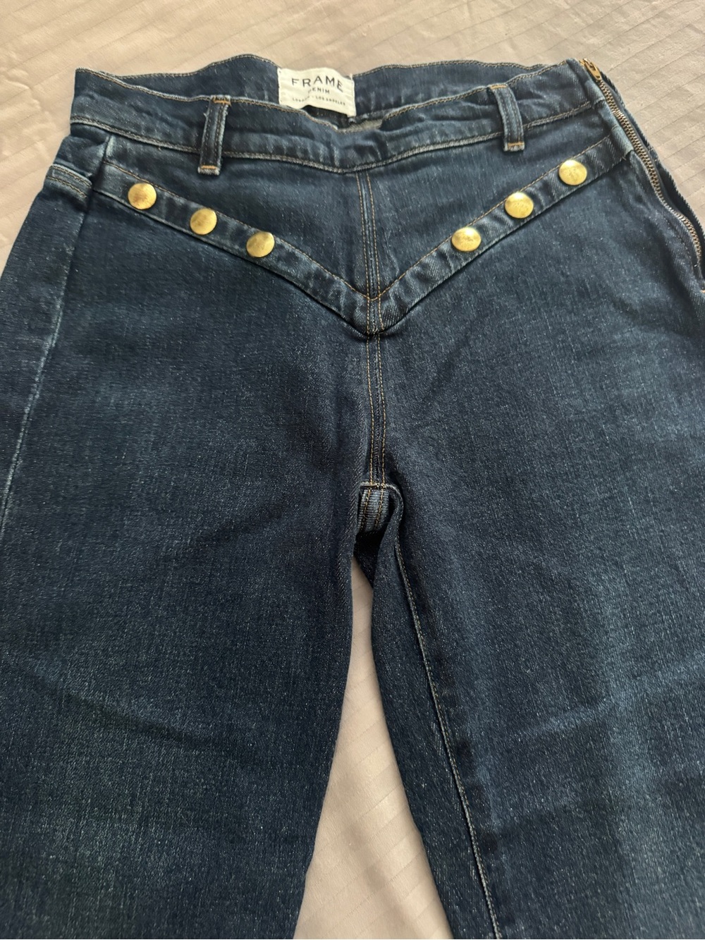 Frame Denim Dark Blue High-Rise Jeans with Gold Accent Buttons